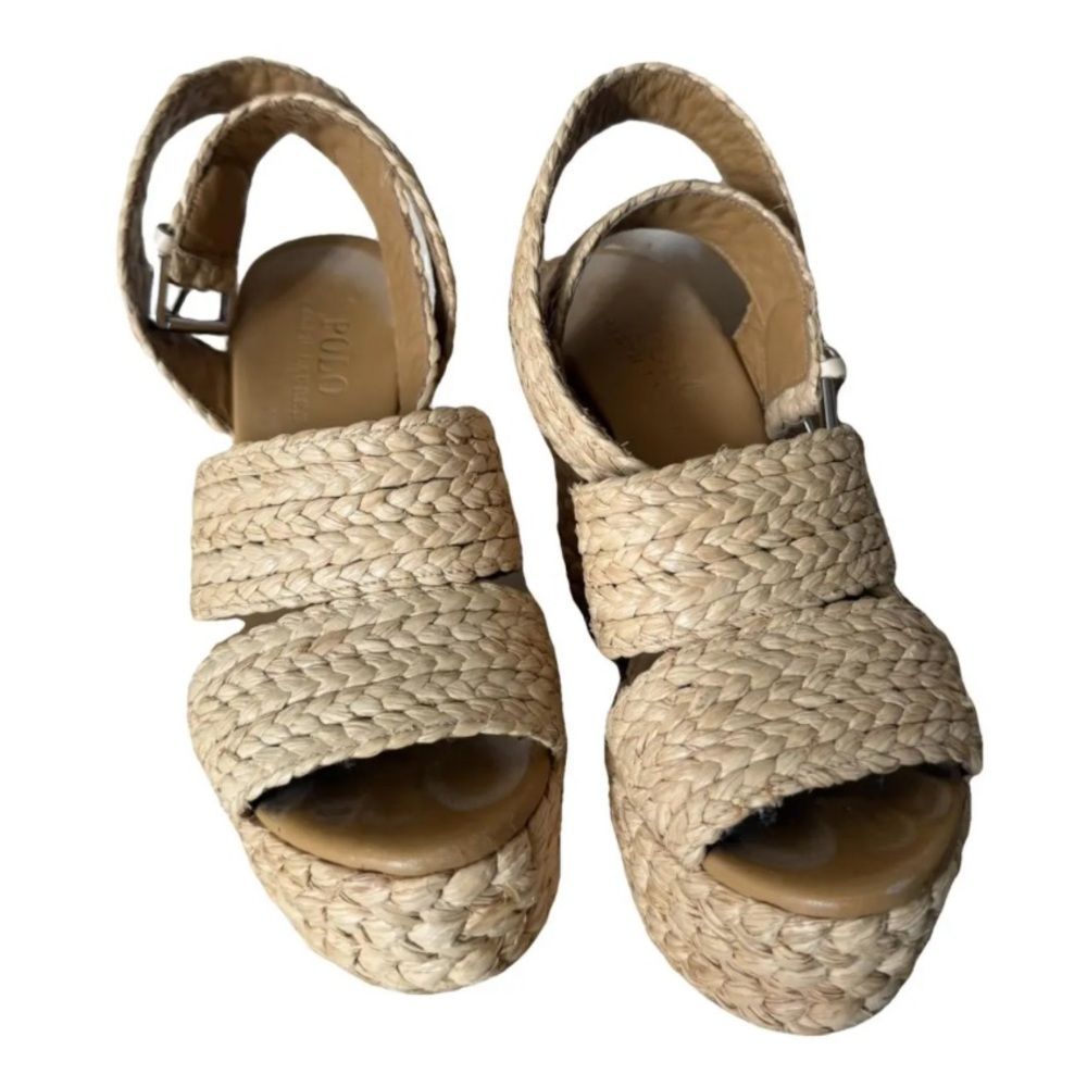 Polo Ralph Lauren Tan Ankle Strap Straw Wedge Sandals Size 7 Eur 37.5